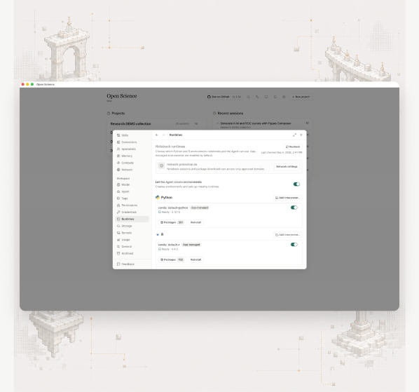 Run Python, R, shell commands, and research tools — Open-Science workspace