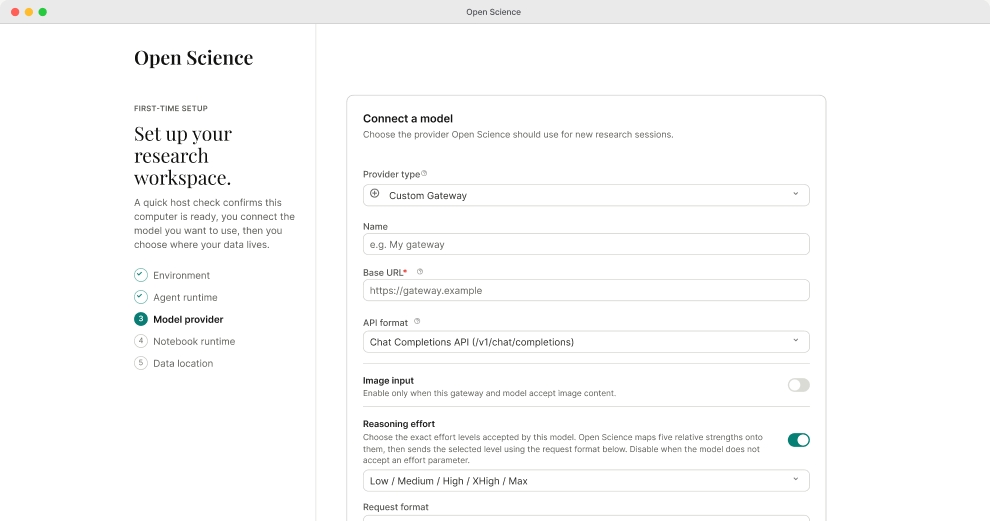 Open-Science first-time setup — connect a model to your research workspace