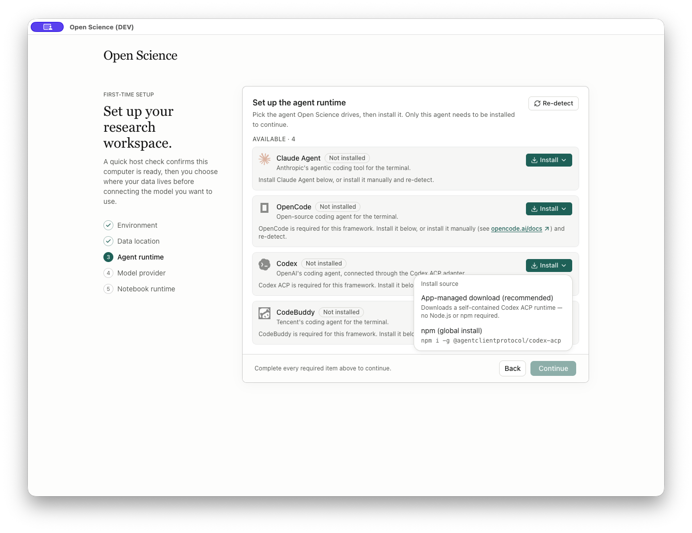 Codex installation source menu