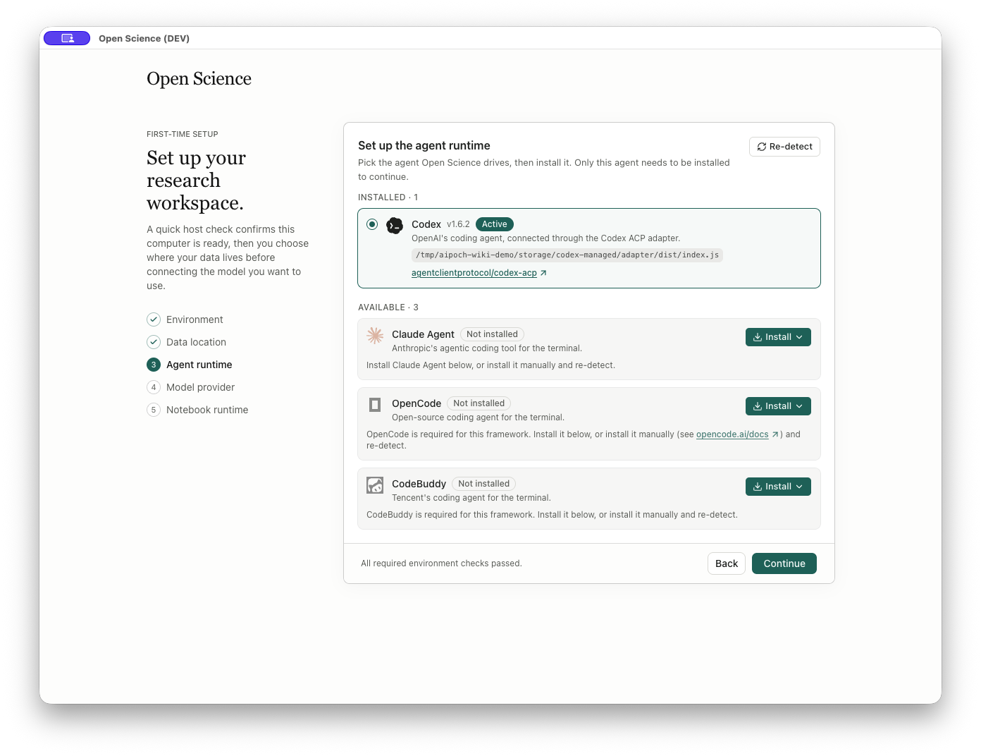 Codex installed and selected as the active runtime