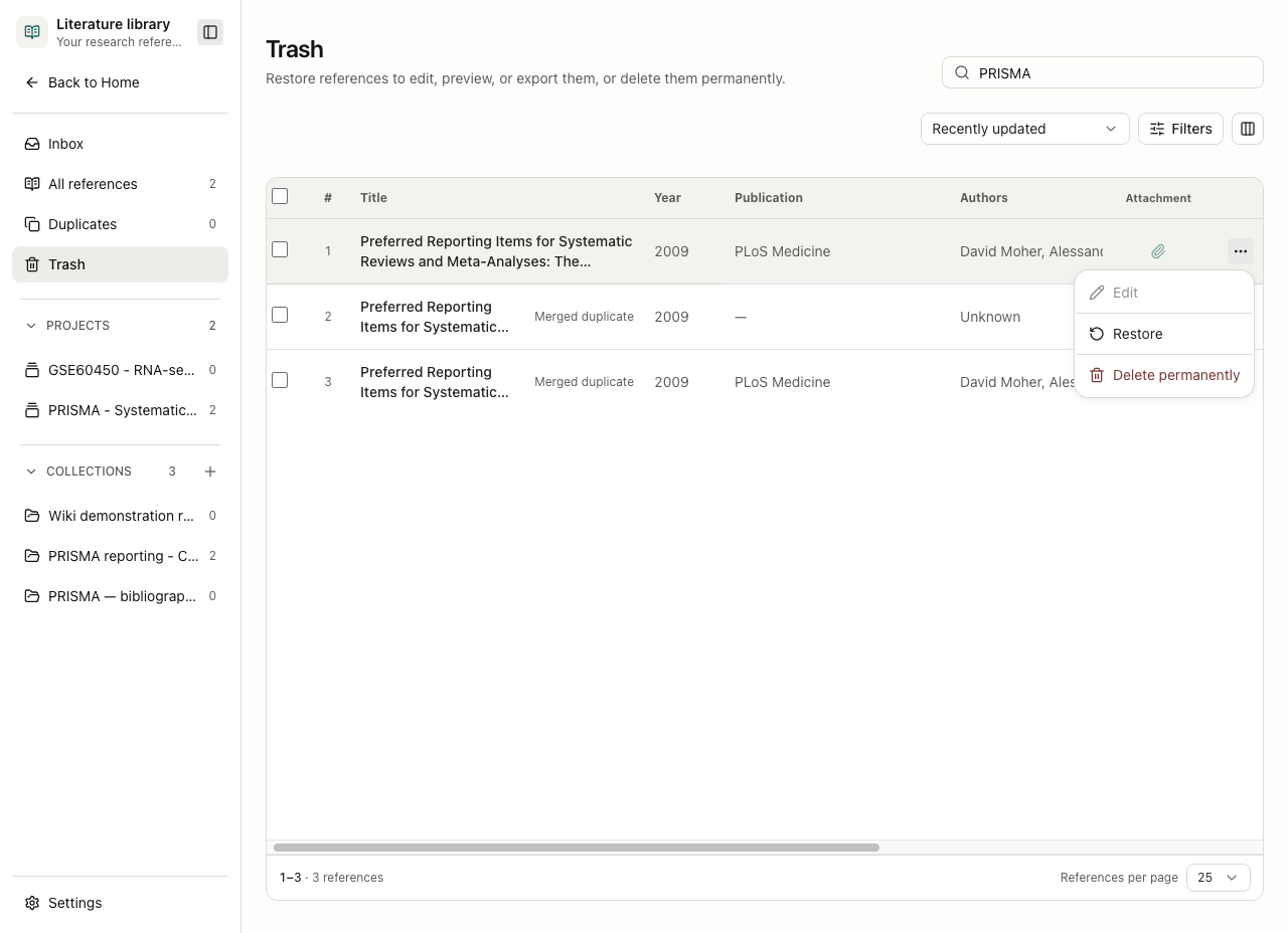 Restore a reference from its Trash row menu