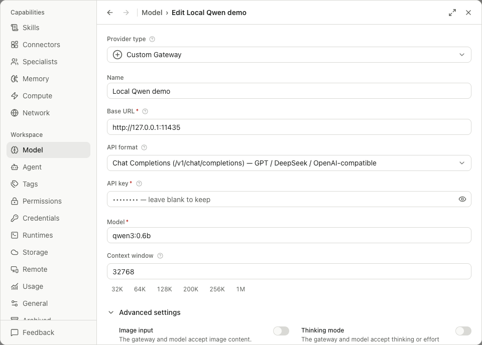 Local model address, API format and exact model ID