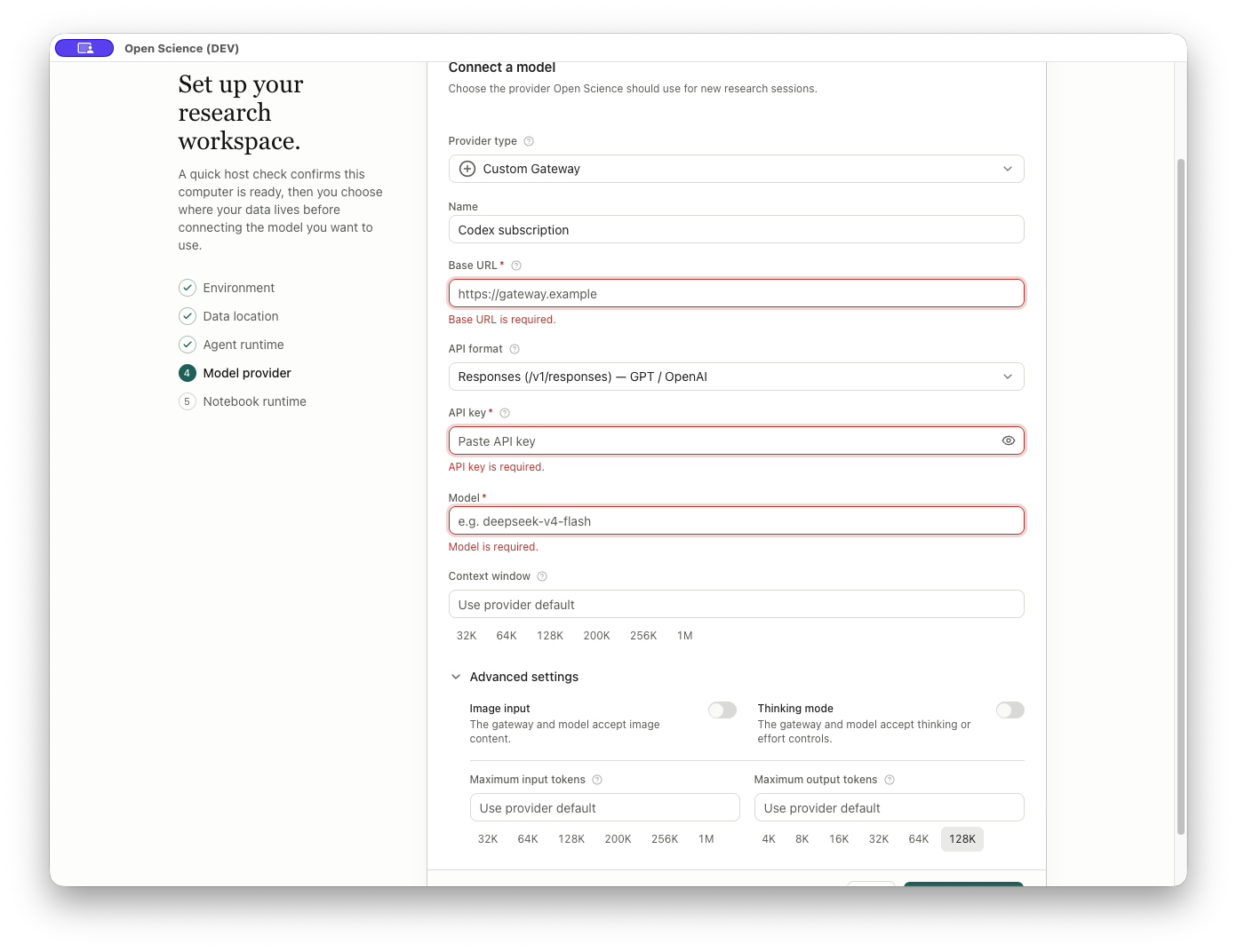 Custom Gateway showing required-field errors