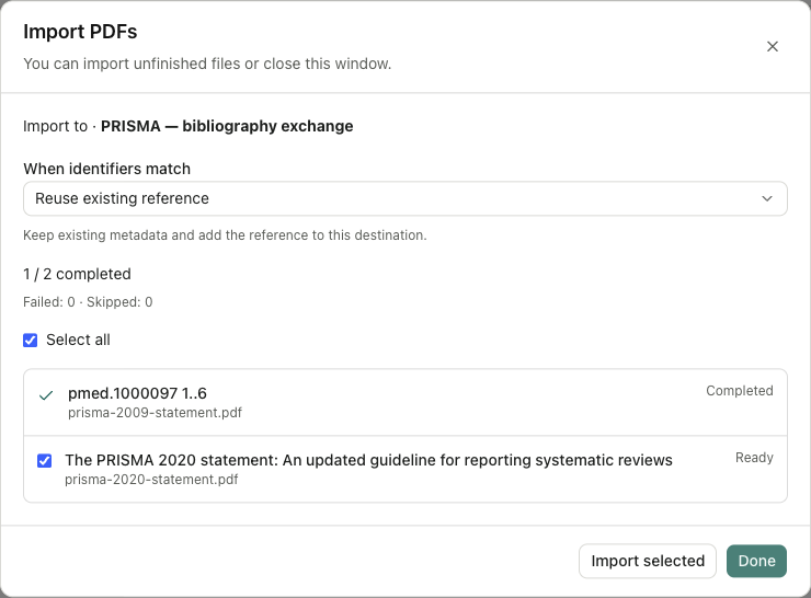 Stopped PDF import retains its completed row
