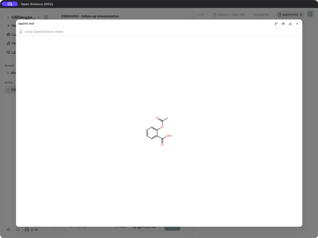 Aspirin rendered by the built-in OpenChemLib viewer