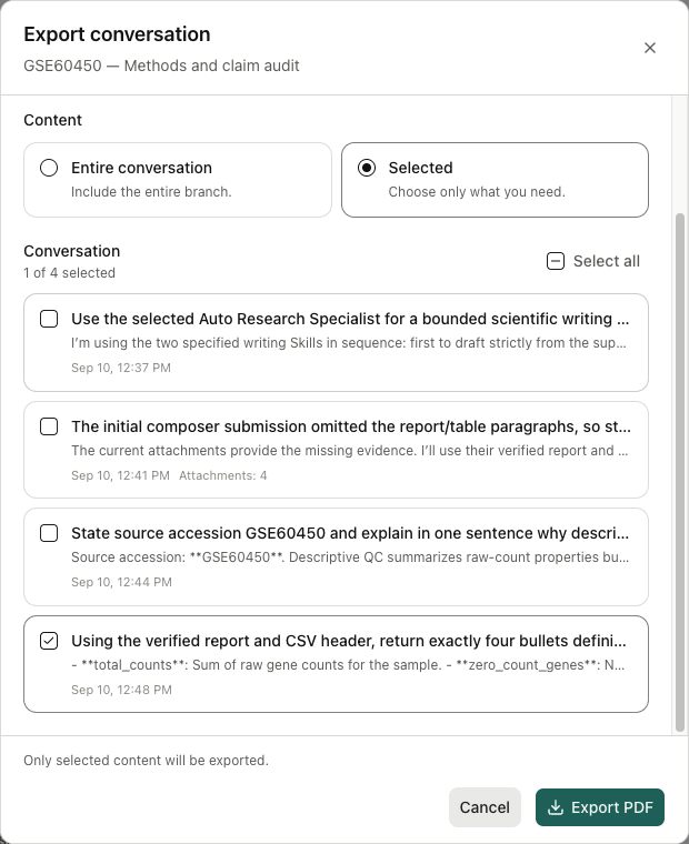 Selecting the final QC definitions turn for PDF export