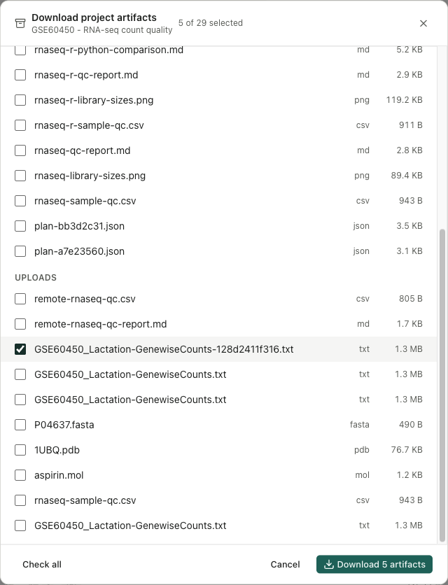 Selecting reports, the QC table and original count input from the project