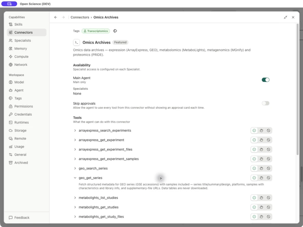 Omics Archives tool details showing the GEO inputs and metadata-only scope