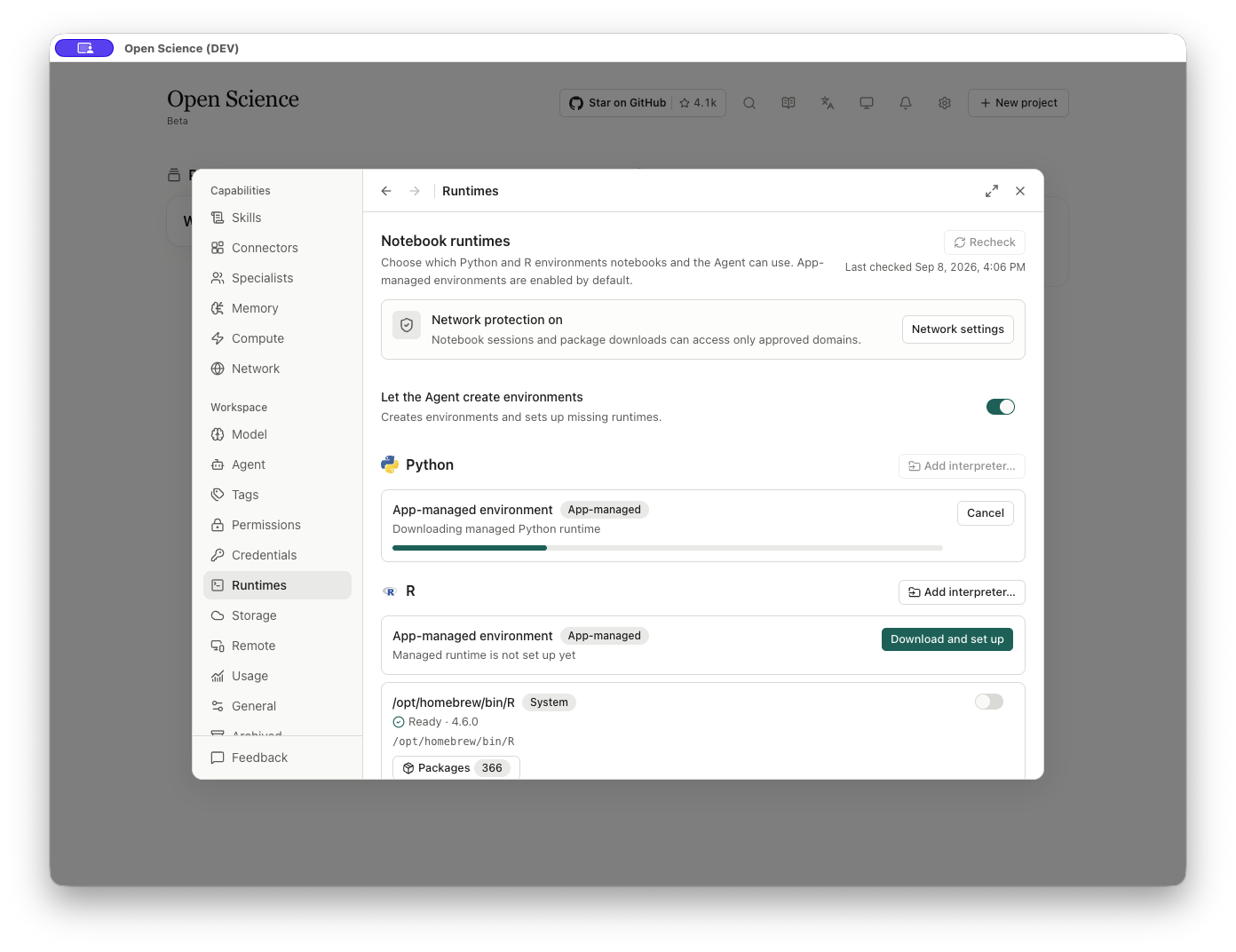 Creating the app-managed Python environment