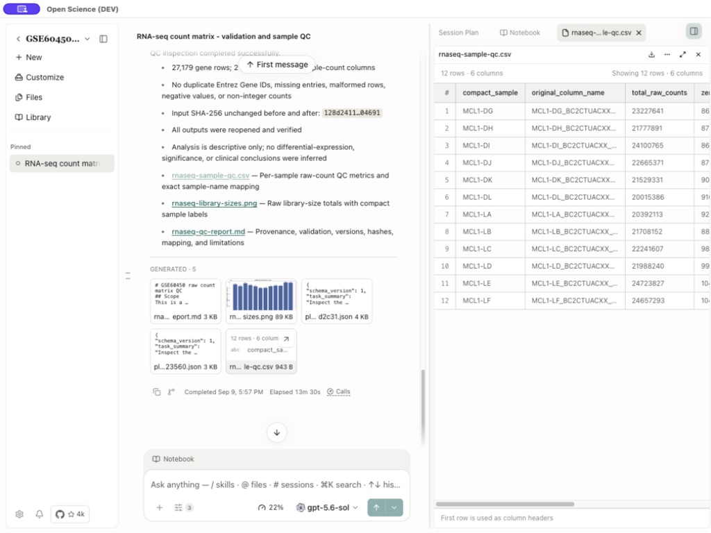 Sample QC table opened in the application