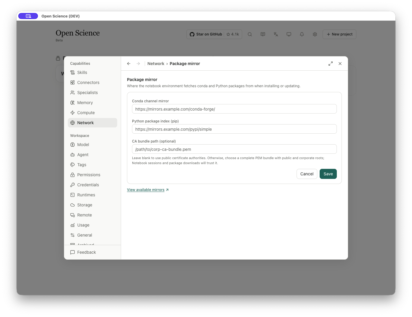 Package mirror and CA-bundle inputs