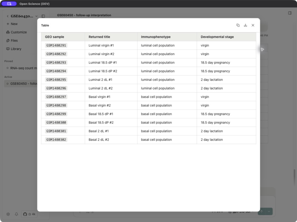 The returned metadata table in its full-screen view