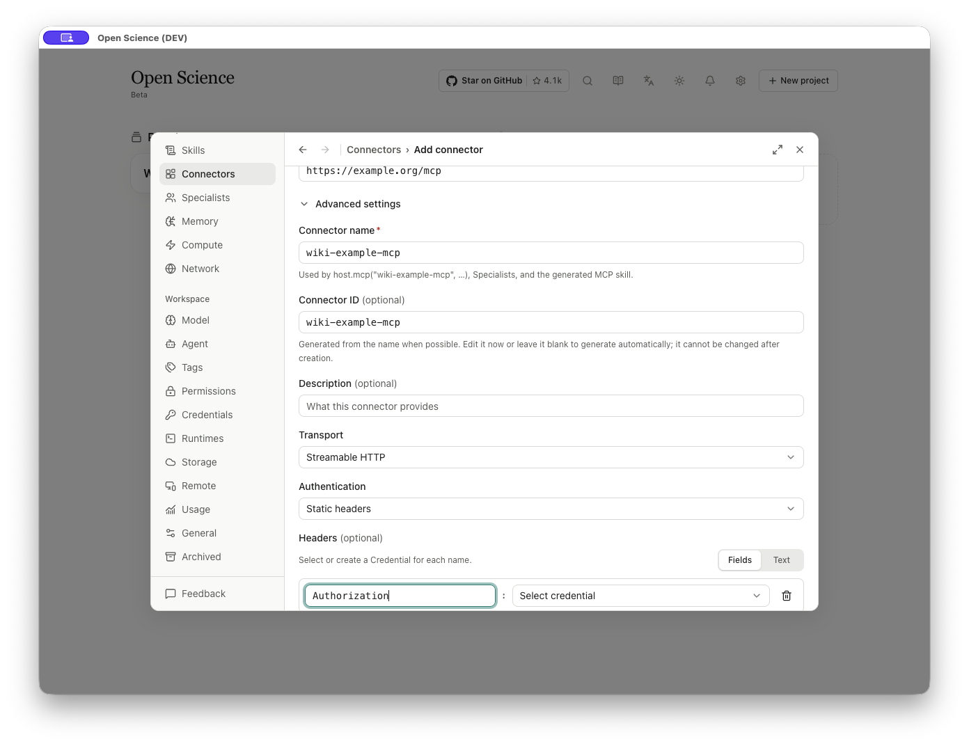 Static header name and credential selector