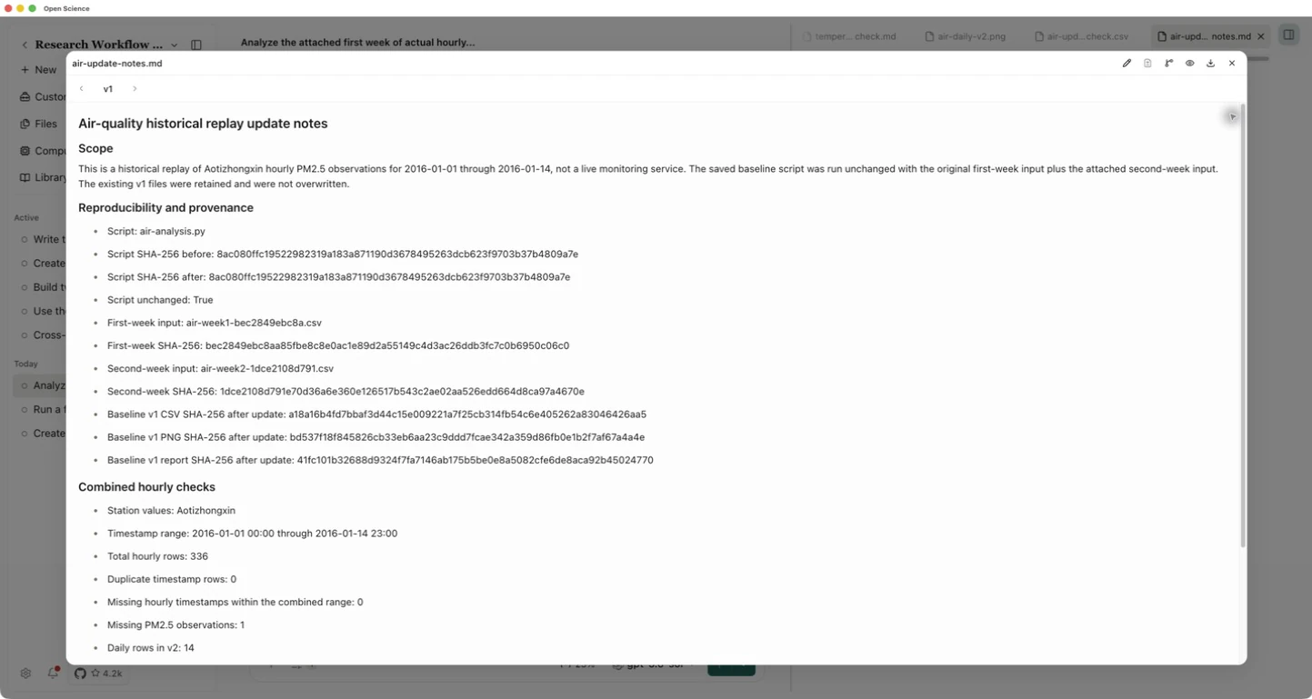 The update notes record unchanged code, retained baseline files and data checks