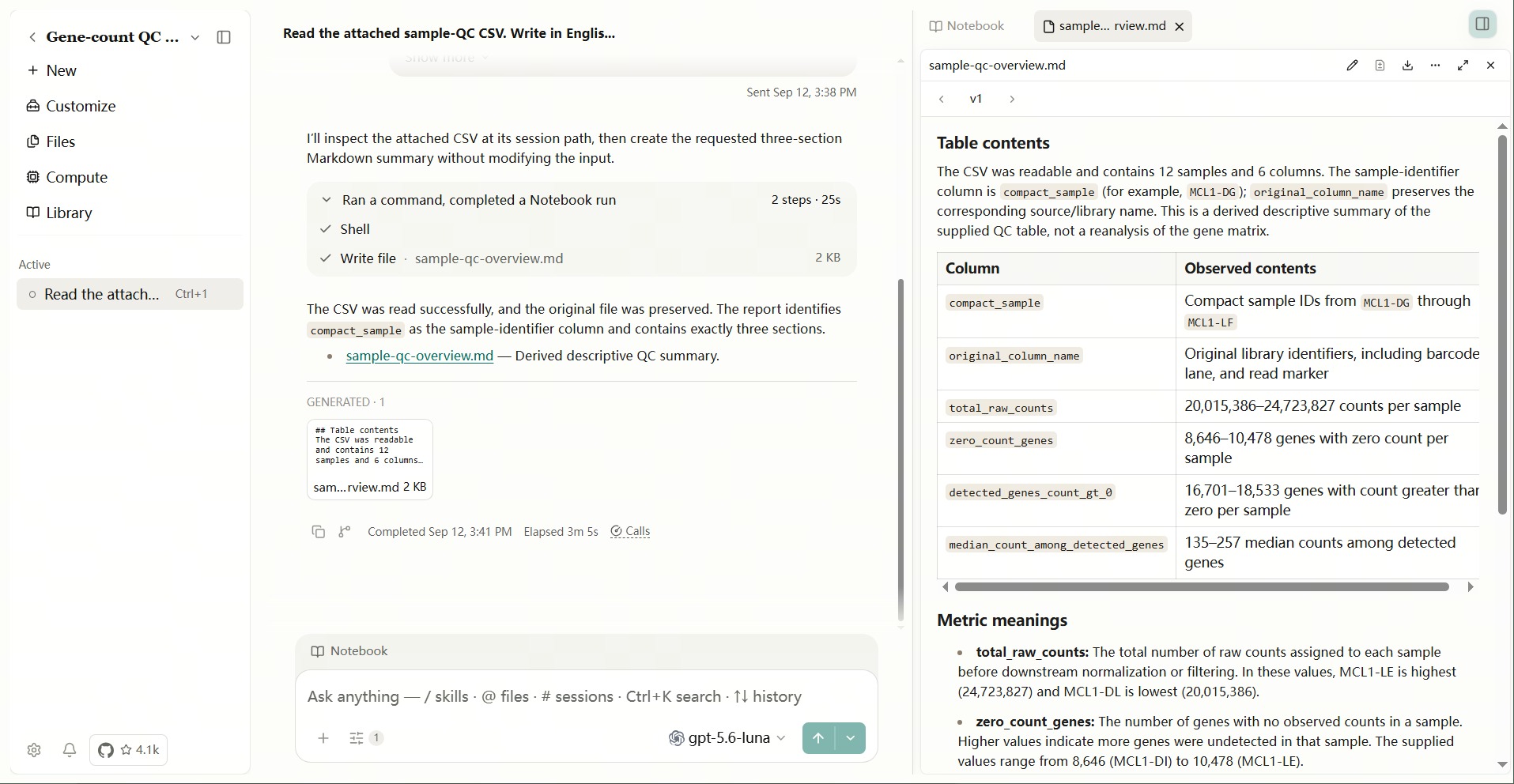 Open-Science at 125 percent scaling with a horizontal scrollbar in the table preview