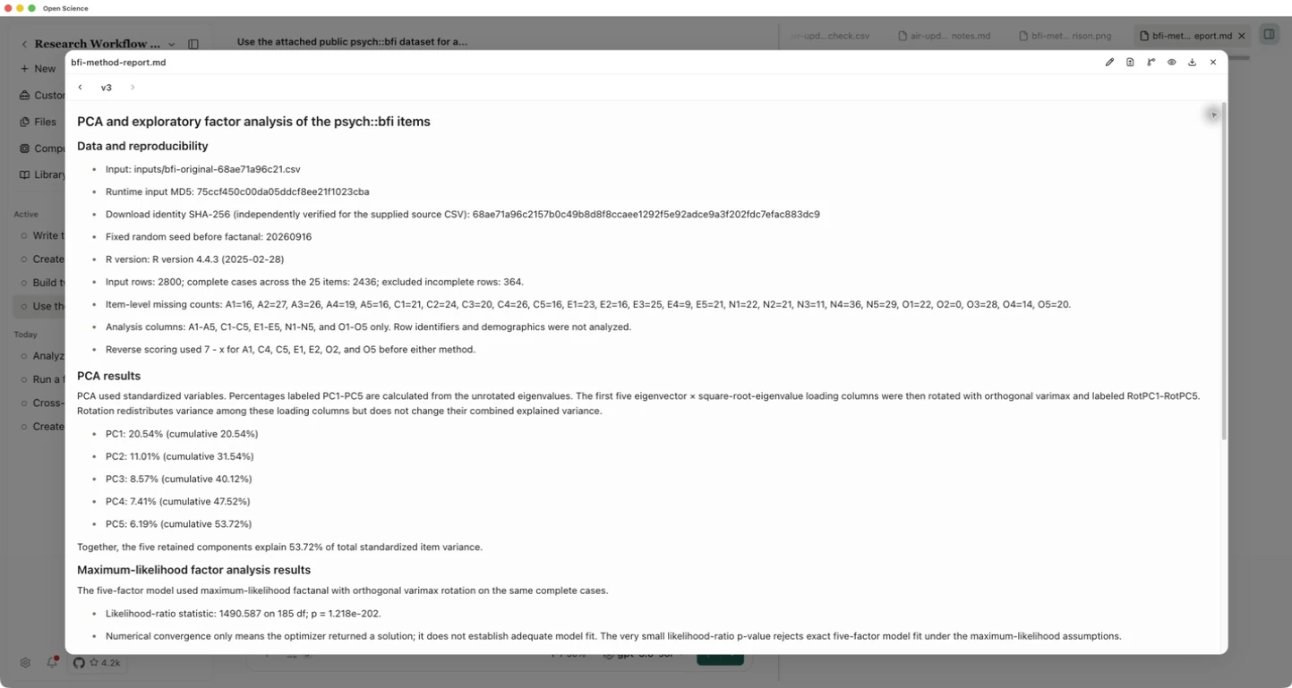 The final report records preprocessing, seed, variance and fit limitations
