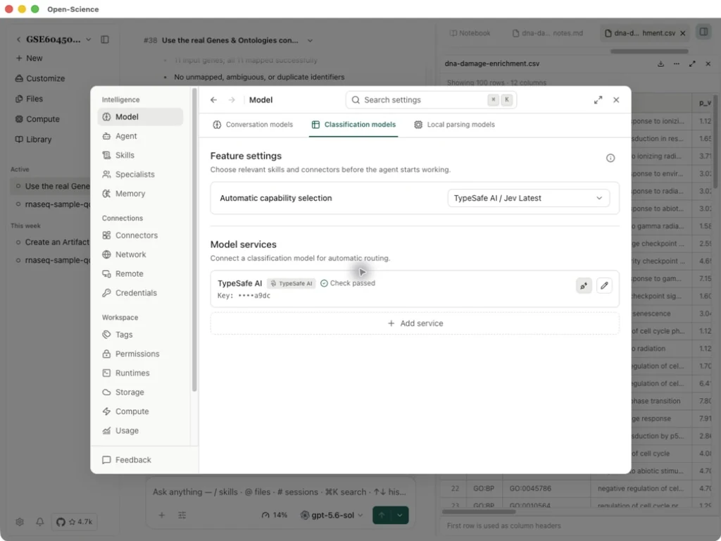 TypeSafe AI / Jev Latest selected with Check passed and the API key masked