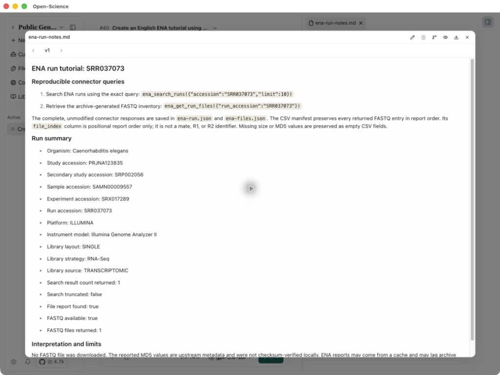 ENA query inputs, run identity and completeness flags in the generated notes