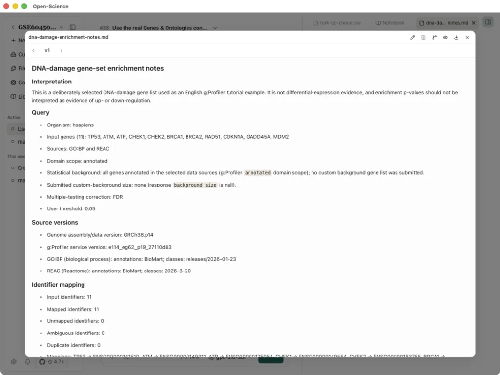 Saved English query, background, source versions and identifier checks