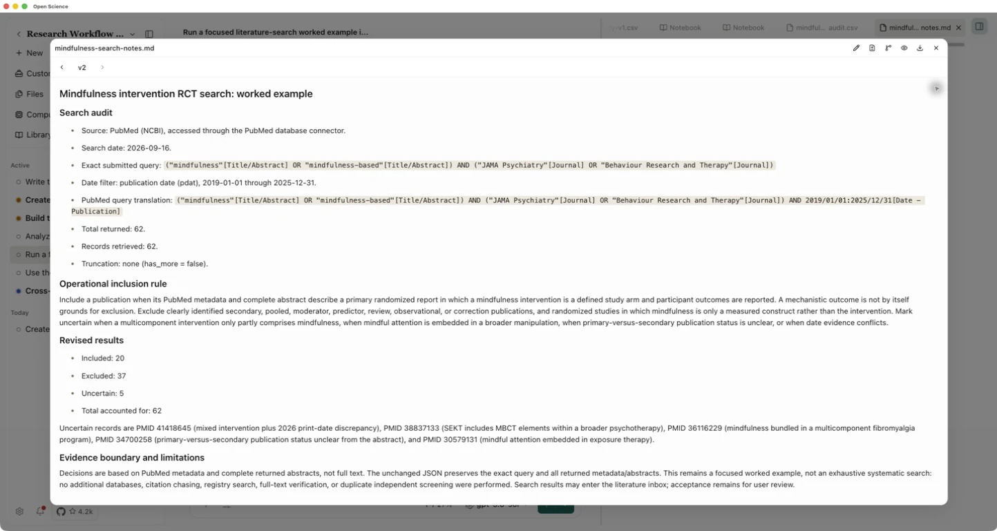 The revised search note with the 20/37/5 screening counts