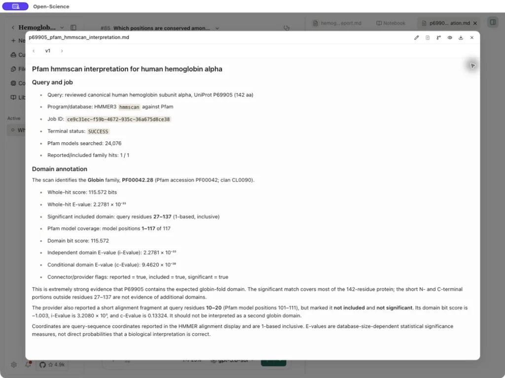 The completed HMMER report for P69905, with domain coordinates and significance values