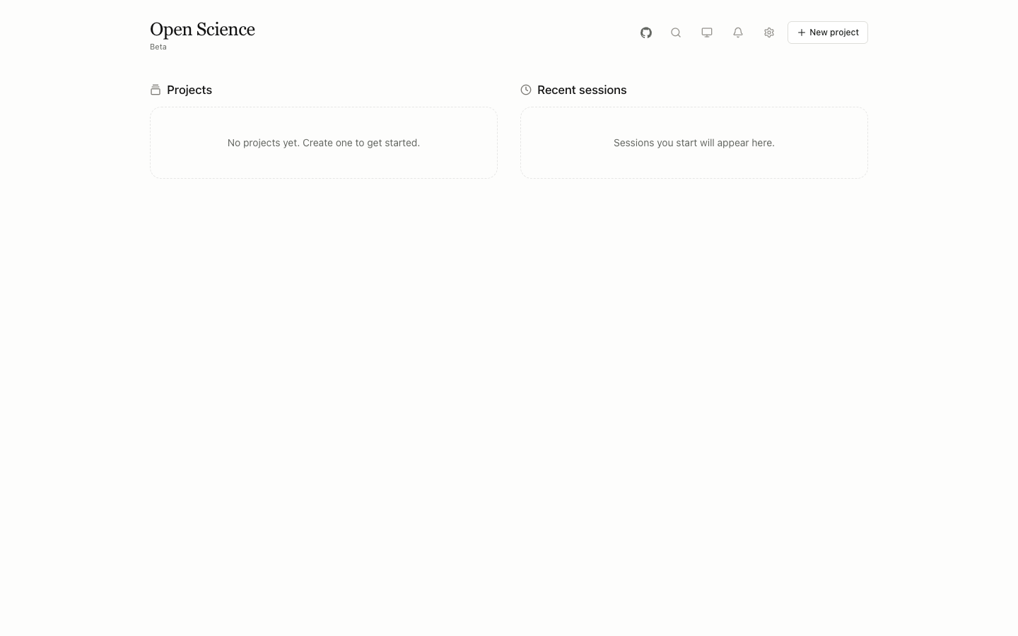 Home page with no projects