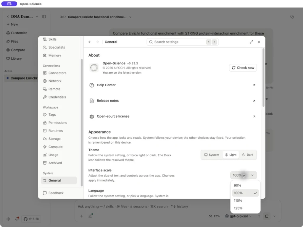Interface scale choices in General settings