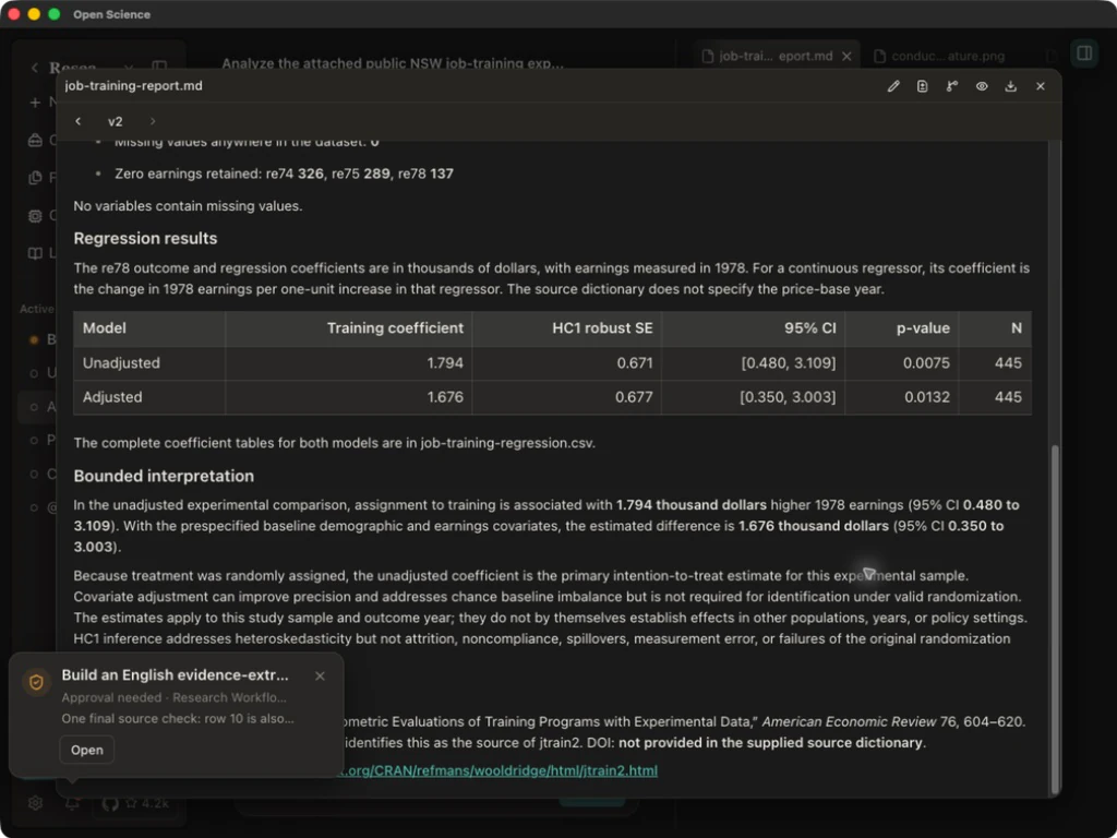 The saved English regression report with sample checks and estimates