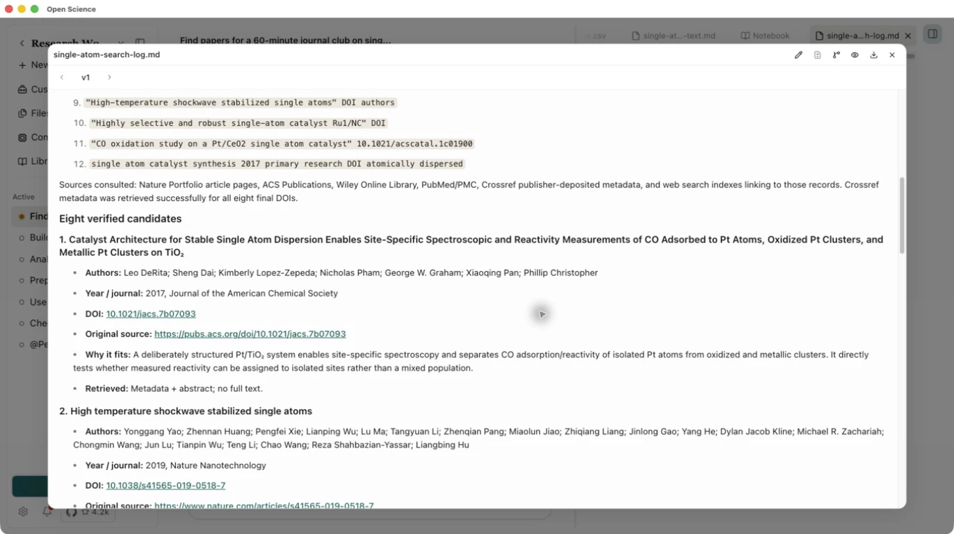 The actual search log with candidate identities and retrieval status