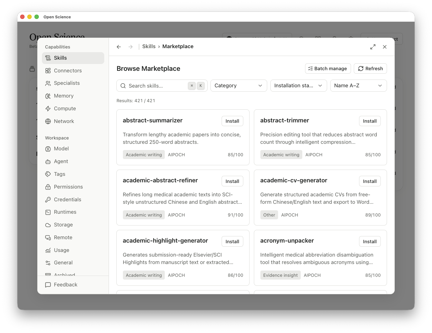 The Skill marketplace with search, category filters and Install buttons