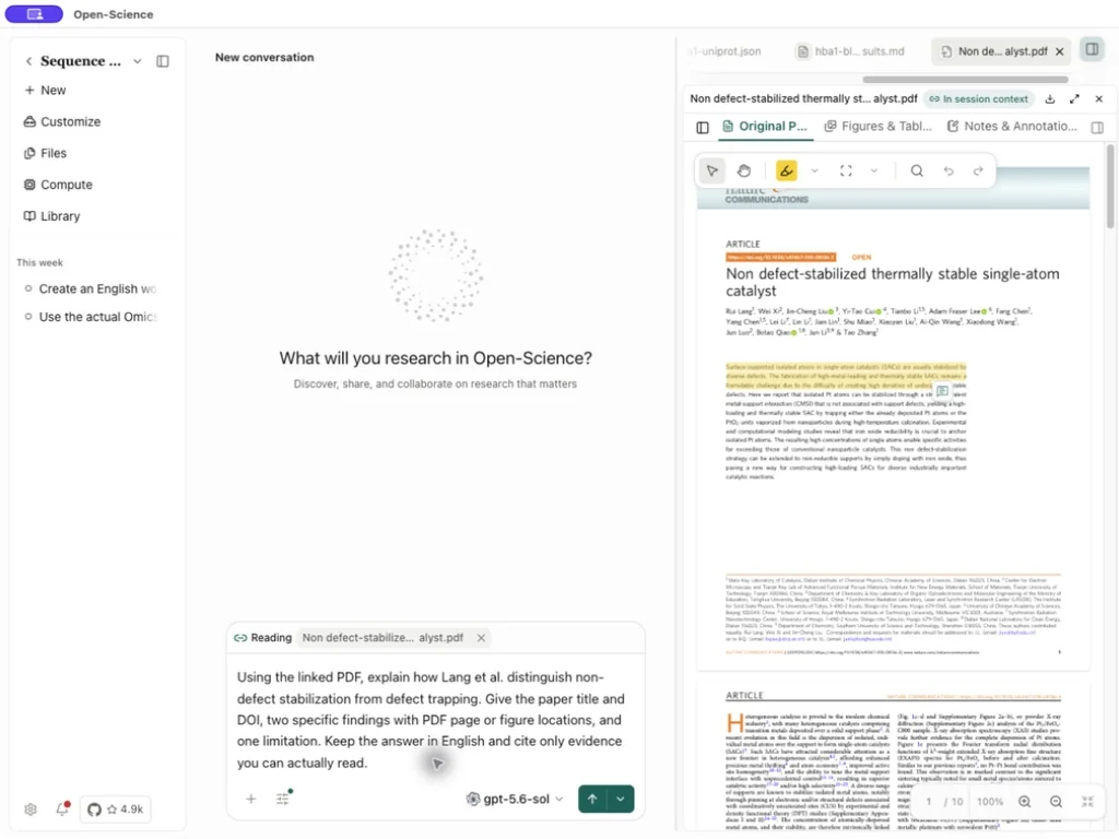 A new conversation with the PDF linked under Reading before its first message