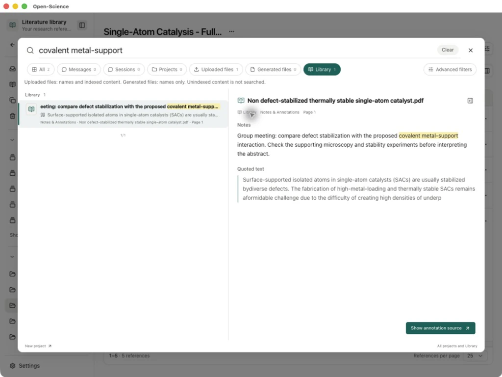 Global search separates the saved reading note from the quoted PDF text
