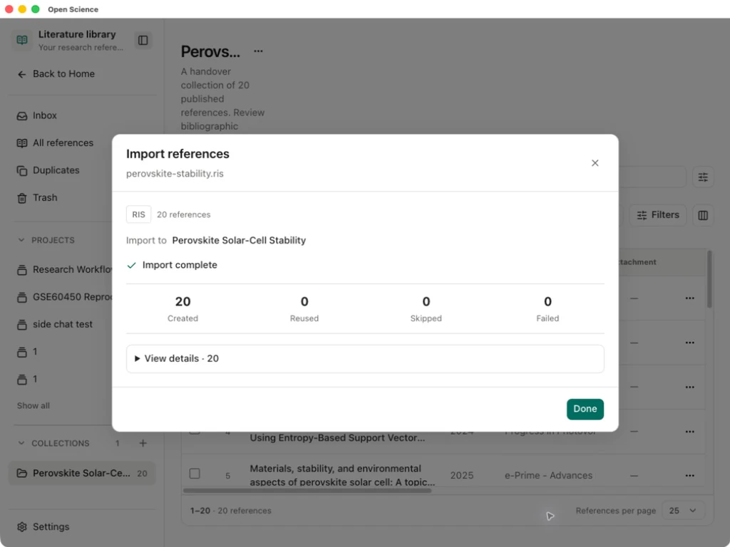 The completed import reports 20 created references