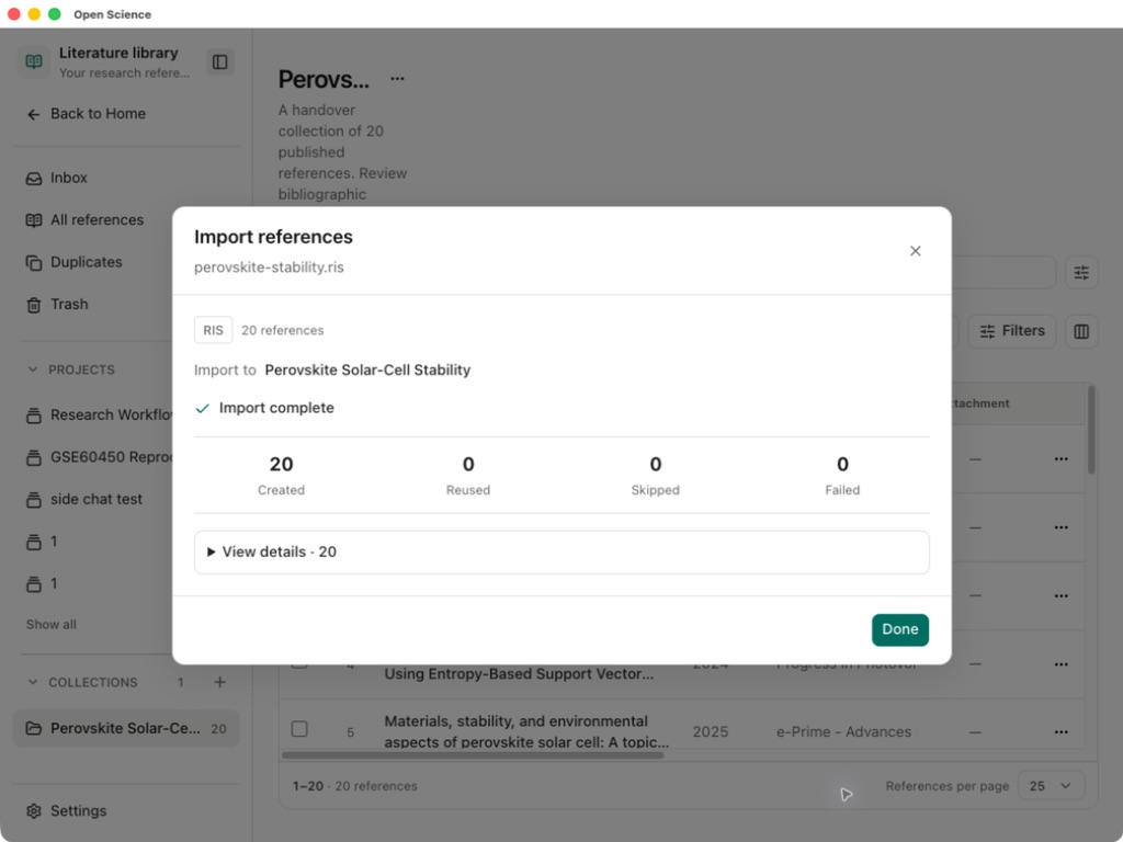 The completed import reports 20 created references