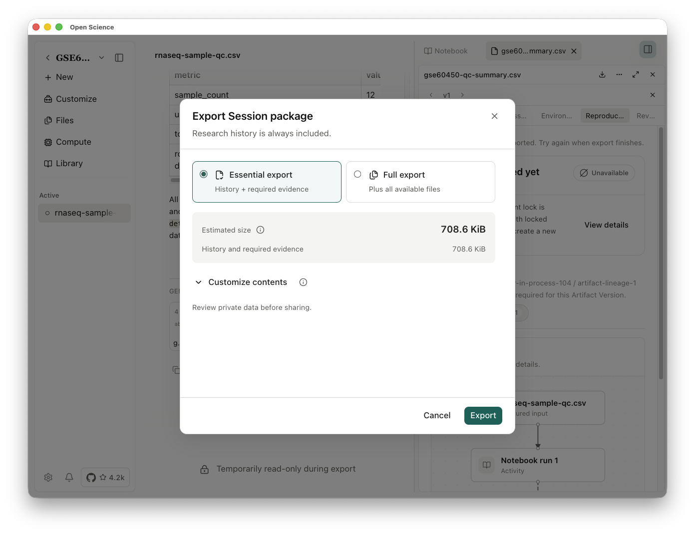 Research package export preview with Essential export, Full export and Customize contents