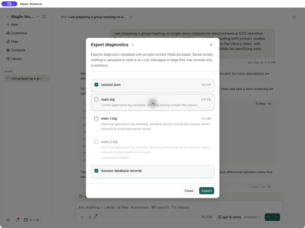 Selecting session-specific diagnostic sources before a local export