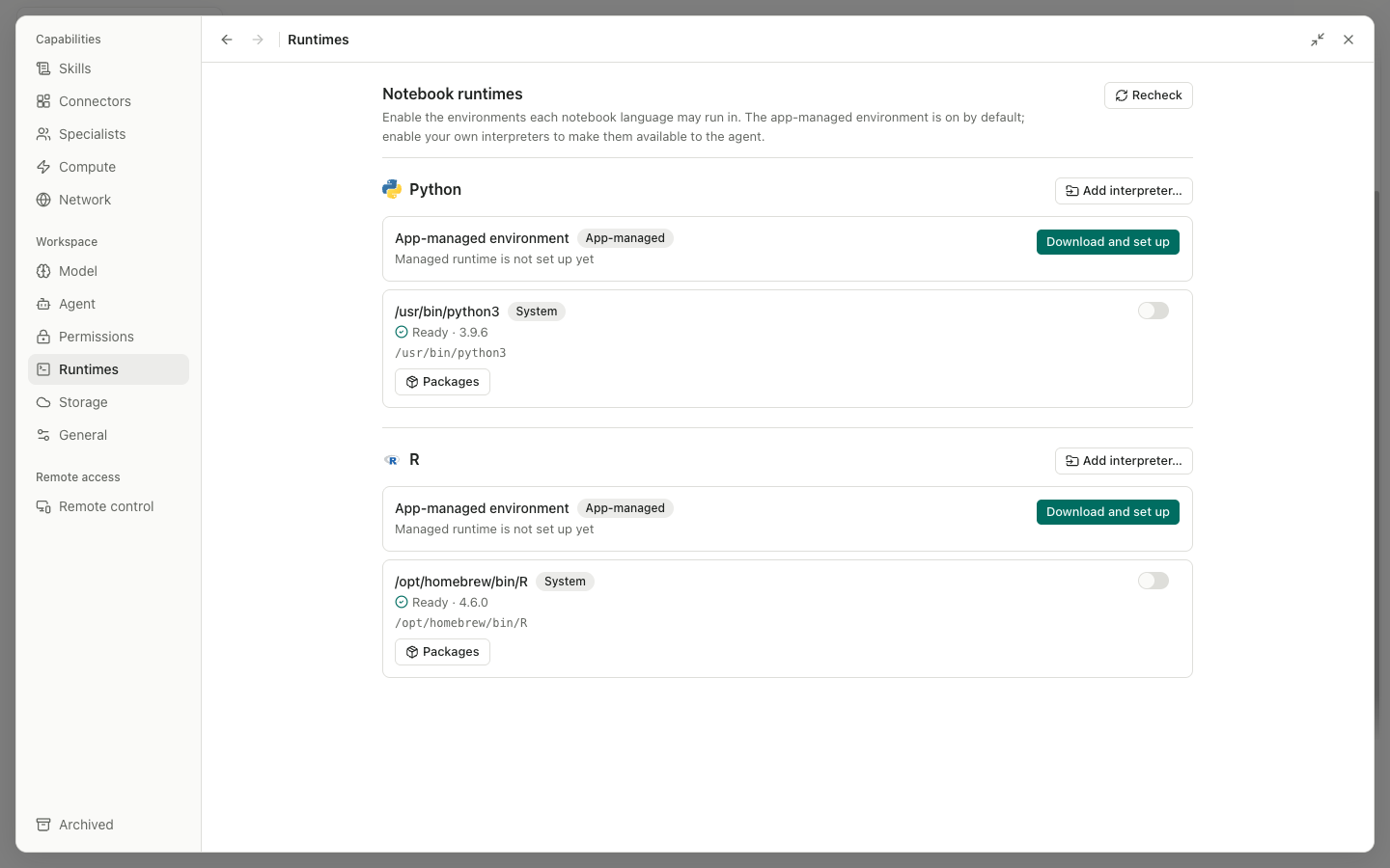 Runtimes panel