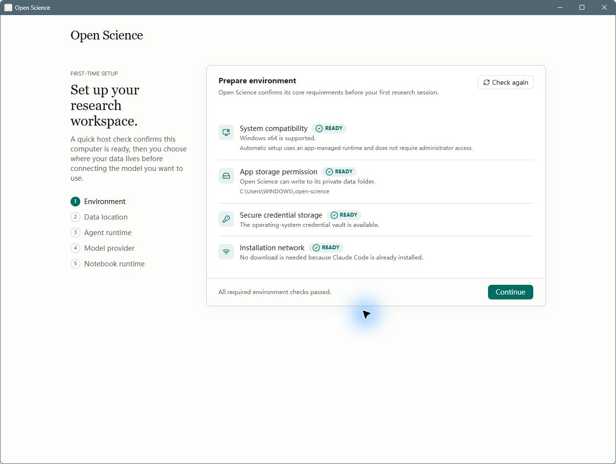 Environment checks during Windows first-time setup