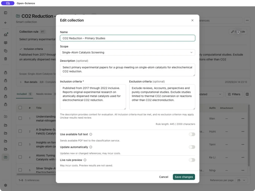 Saved criteria, bounded project scope and evidence options
