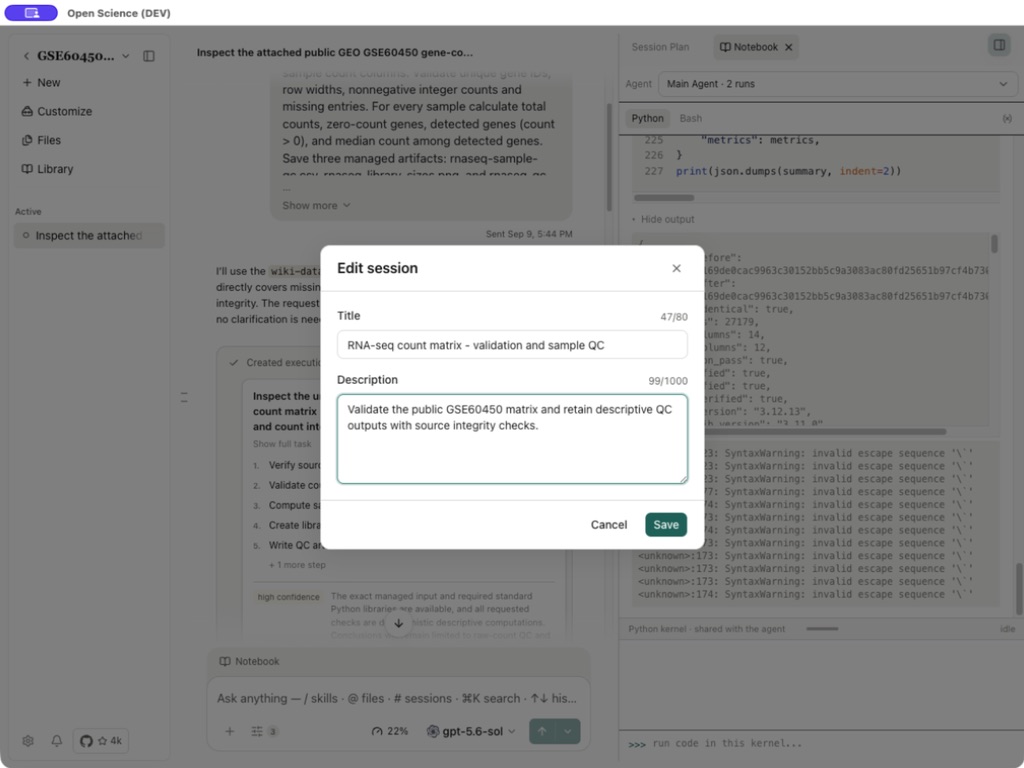 Sitzungstitel und Beschreibungseditor
