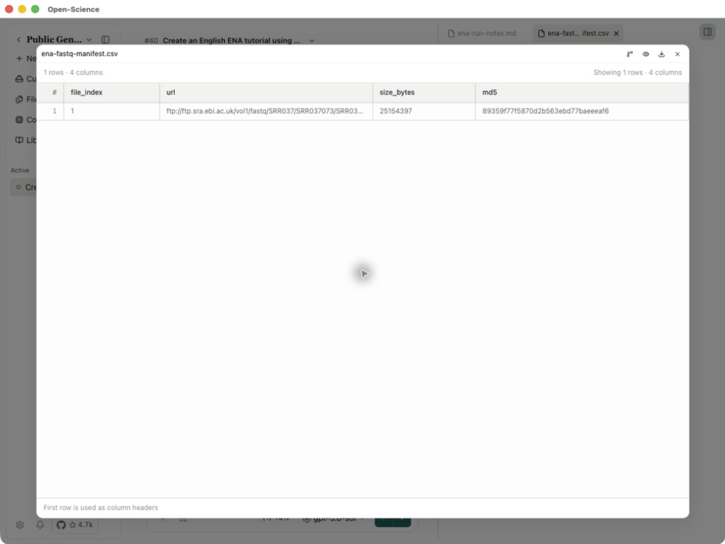 Tatsächliches ENA-Manifest mit einer Datei mit URL, Größe und vorgelagerter Prüfsumme