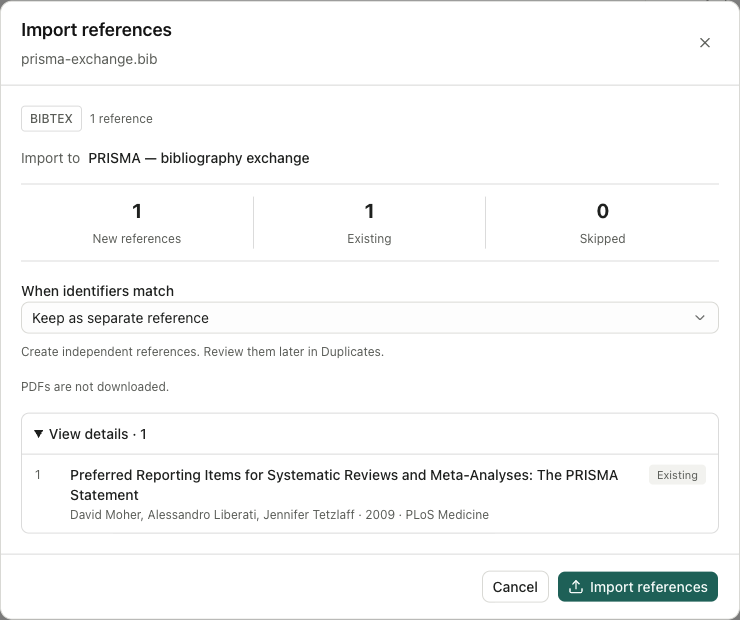 Importación BibTeX con una política explícita duplicada