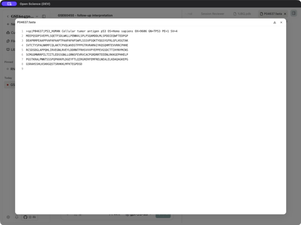 El UniProt FASTA real en la vista previa de la fuente