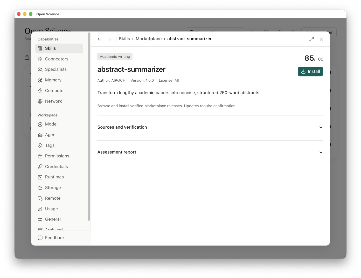 Marketplace Skill détails montrant l'auteur, la version, la licence et l'action Installer