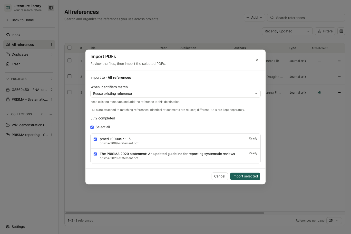 インポートのための2つの実際のPRISMA PDF