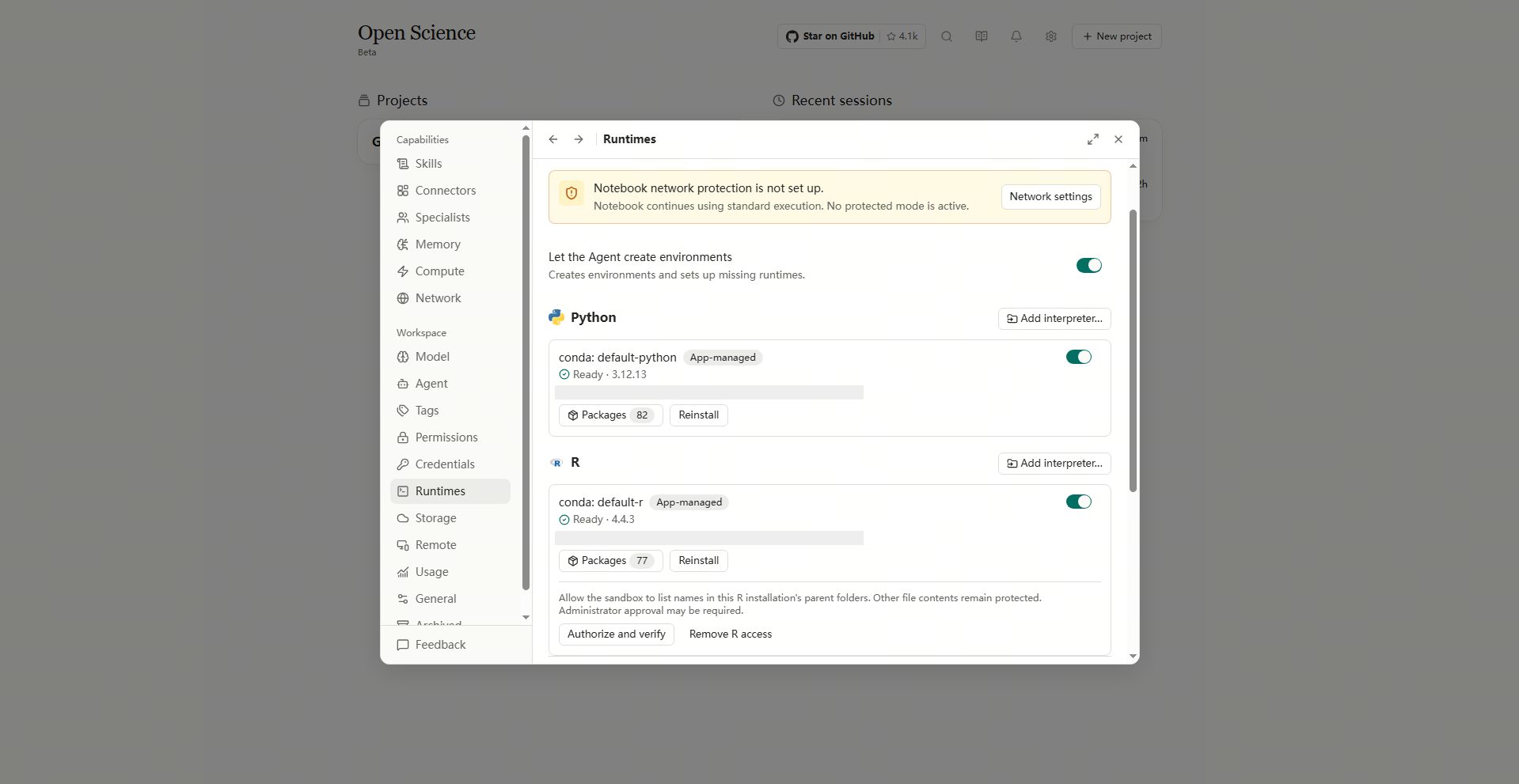 Python および R Ready を管理し、有効化した Windows のランタイム カード