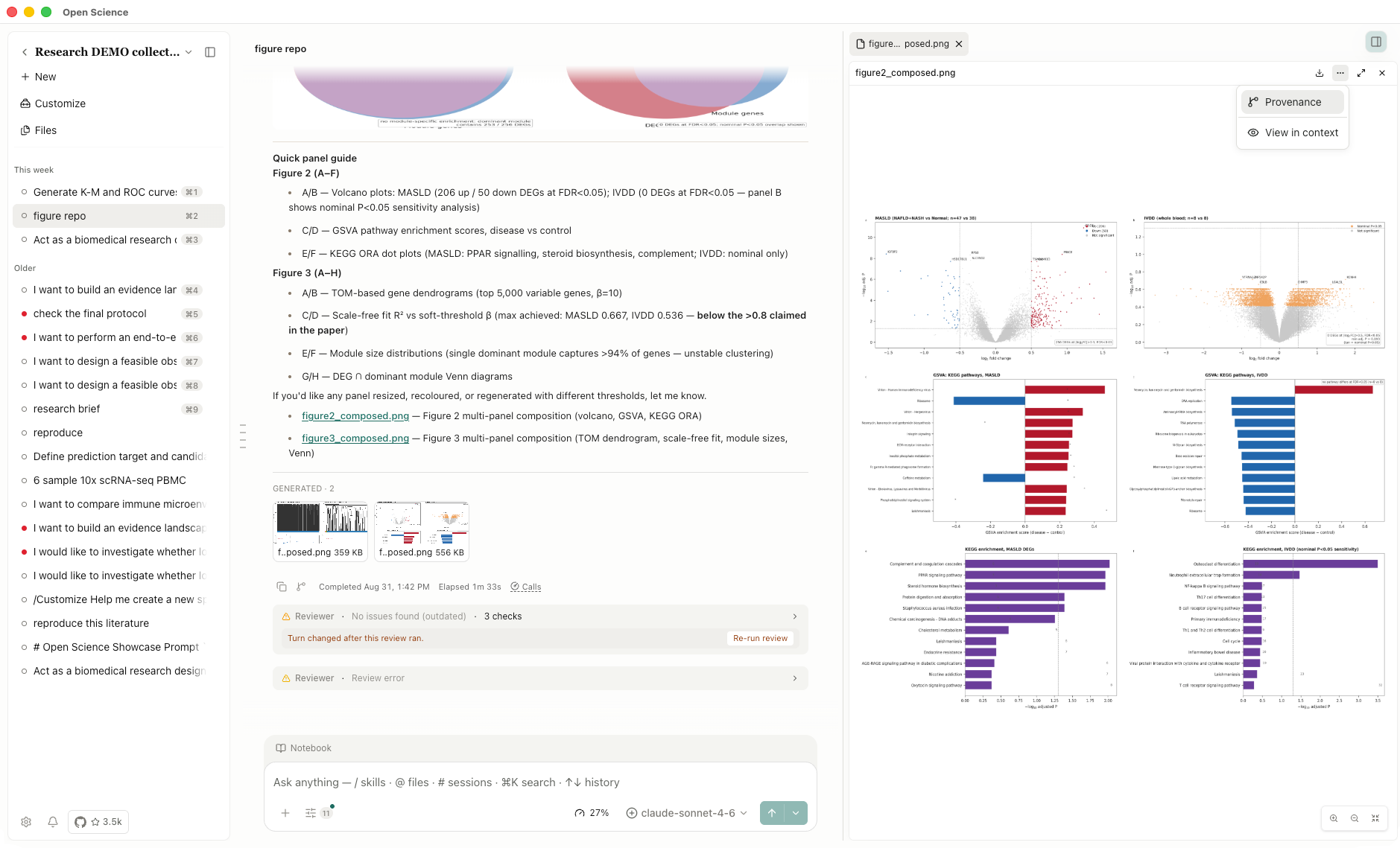 Open-Science workspace with research figures and inspectable provenance